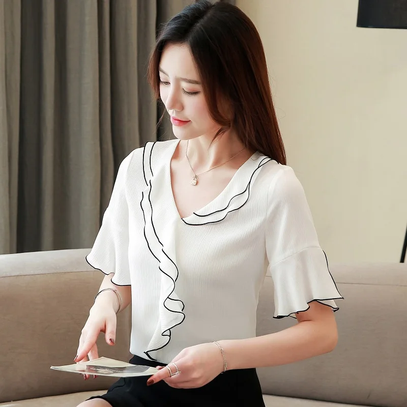 

Korean Fashion Chiffon Women Blouses Ruffles Flare Sleeve White Women Shirts Plus Size XXL Womens Tops and Blouses Ladies Tops