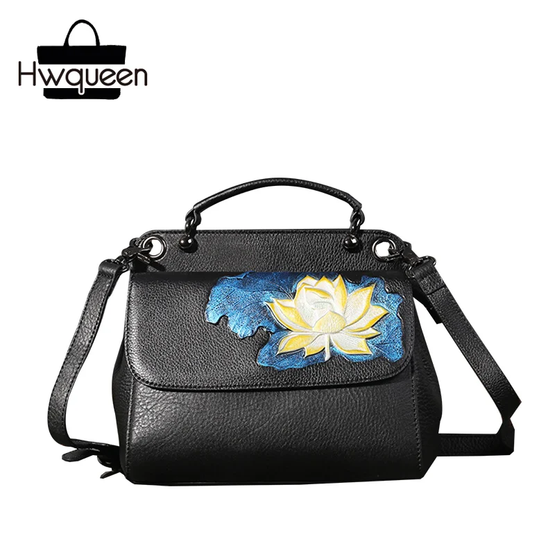 

Vintage Style Embossed Lotus Flower Two-sides Designer Genuine Cow Leather Women Black Small Handbag Female Cross Shoulder Bag