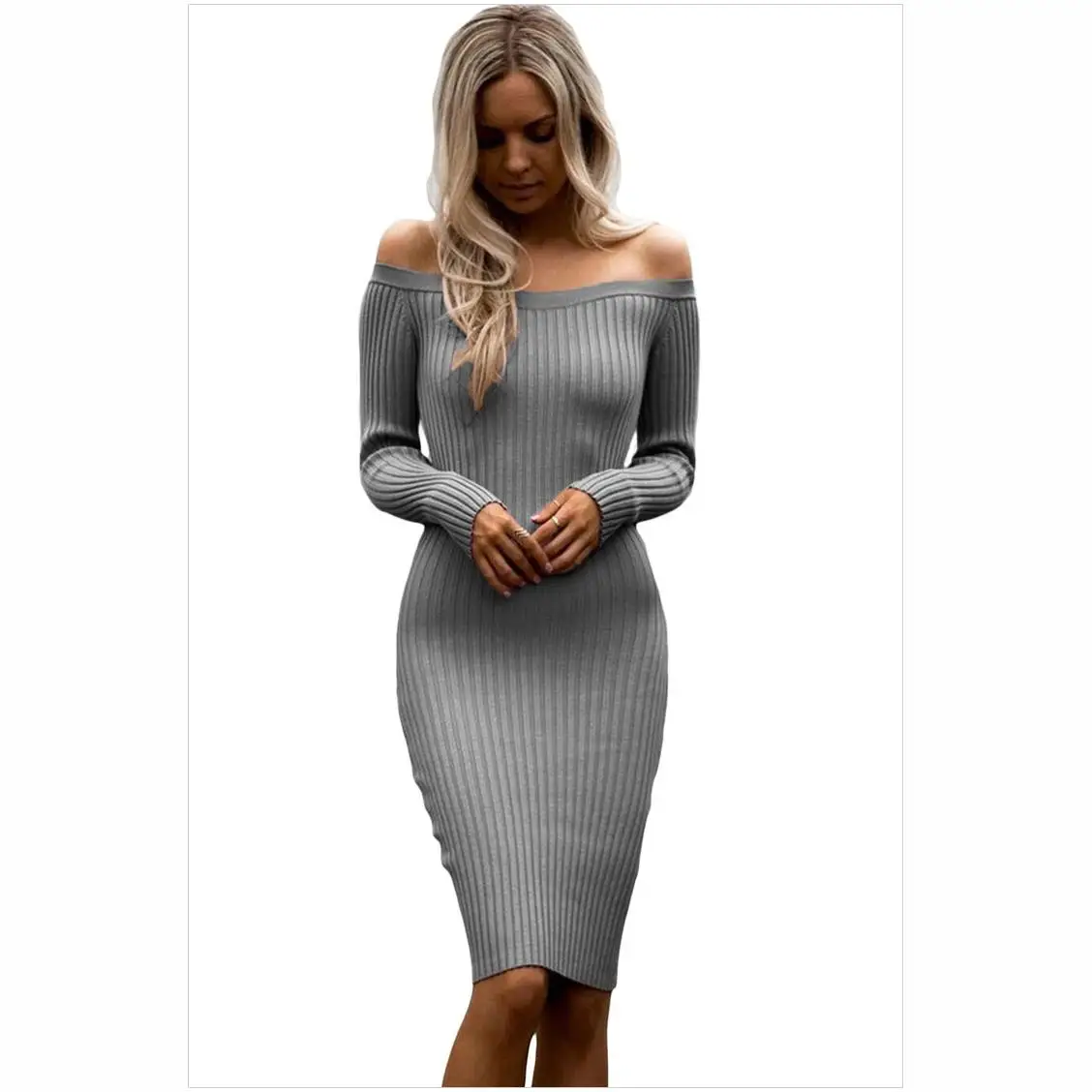 

Long Sleeve Off Shoulder Slash Neck Sexy Club Women Dress Slim Bodycon Knitted Sweater Knee-Length Party Night Dresses