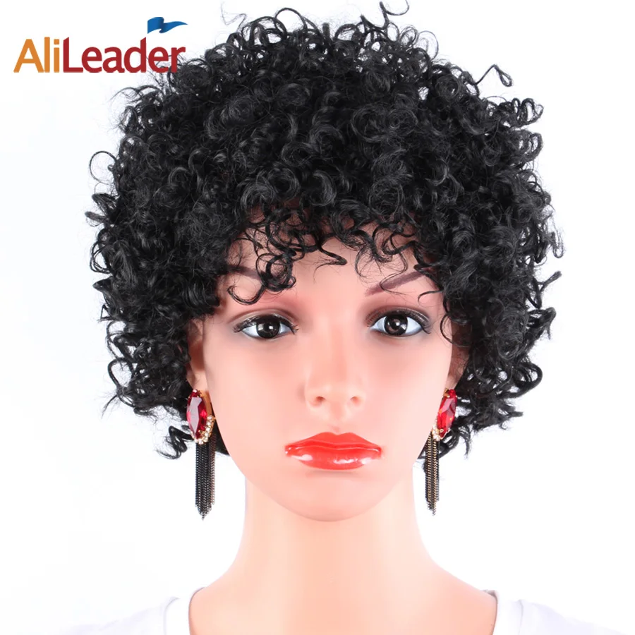 AliLeader Hair Products Black Short Afro Kinky Curly Wigs Heat Resistant Synthetic African