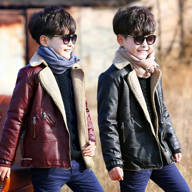 Boys Winter Leather Jacket Kids Furry Coat Thickened PU Leisure Jackets
