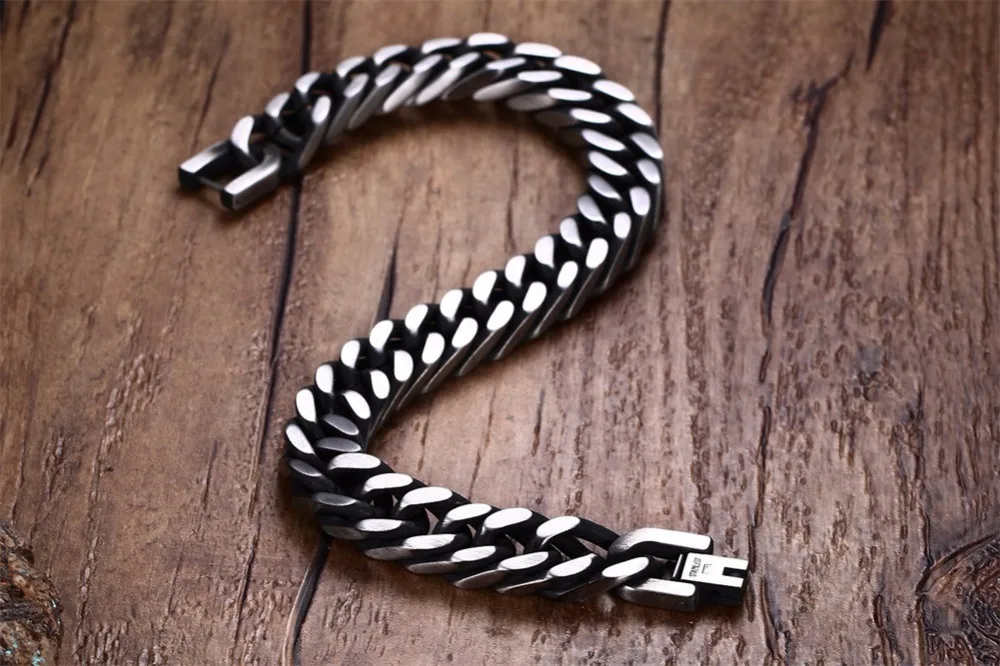 Mens Miami Cuban Thick Link Chain Bracelet for Men 10.5mm Stainless Steel Silver Tone Black Hip Hop Curb Hombre Bileklik Jewelry 15