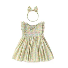 Летняя одежда для маленьких девочек; платья для девочек; Платья с цветочным принтом для маленьких девочек; модная повязка на голову для девочек;