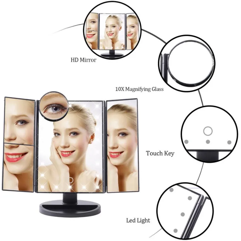 Brainbow Tri-Fold освещенное макияж светодиодный зеркало с 22 светодиодный свет, Сенсорный экран и 10X/3X/2X/1X увеличение светодиодный зеркало