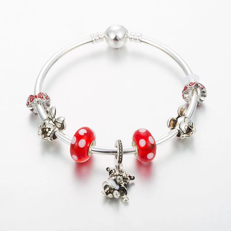 

ANNAPAER Silver Color Red Glass Beads Charm Bracelet Women Jewelry DIY Mickey & Minnie Original Bracelet for Girls Gift B19023