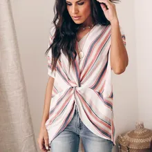2019 New Color Stripe Twisted Knot Women T-Shirt Summer V-Neck Short Sleeve Irregular Long Tops Striped Casual Loose Tee casual scoop neck striped twisted t shirt for women