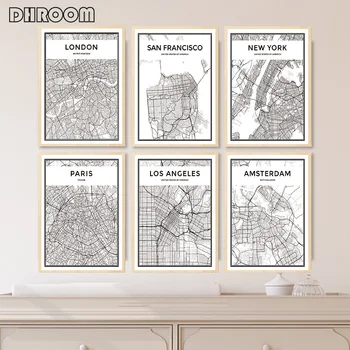 

World Famous City Map New York London Paris Canvas Poster Prints Wall Art Black and White Painting Pictures for Living Room