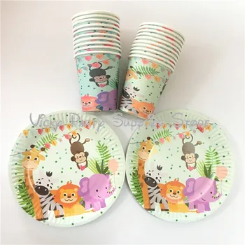 

40pcs/lot Cartoon Animal Disposable Cup Plate Set Paper Tableware Jungle Animal Zoo Bithday Baby Shower Party Tableware Supplies
