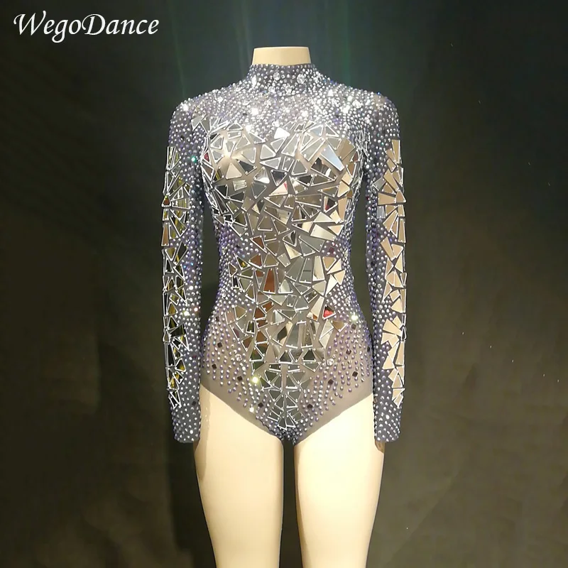 

new sexy Sparkly Gold Rhinestones Mirrors Shining Bodysuit Women Birthday Celebrate Outfit DJ Singer Show Dance Stretch costumes