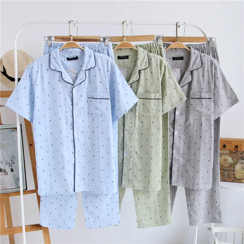 cotton double gauze summer pajamas sets men short sleeve home clothing