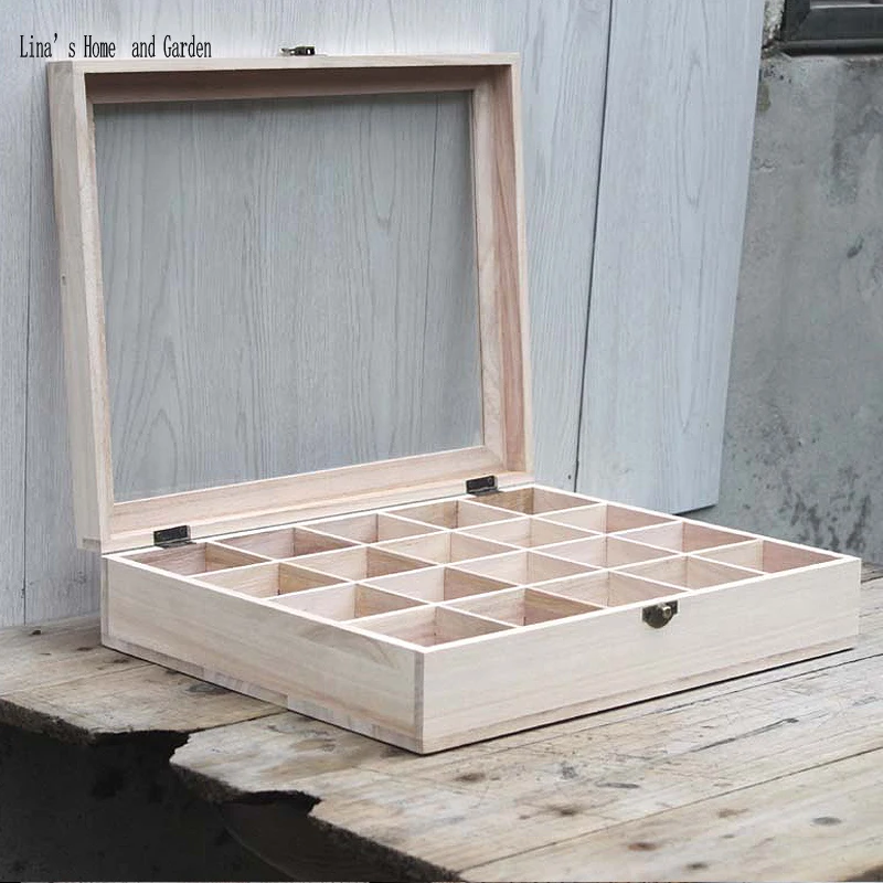 glass top original primitive solid wooden 20 equal compartment box (3)