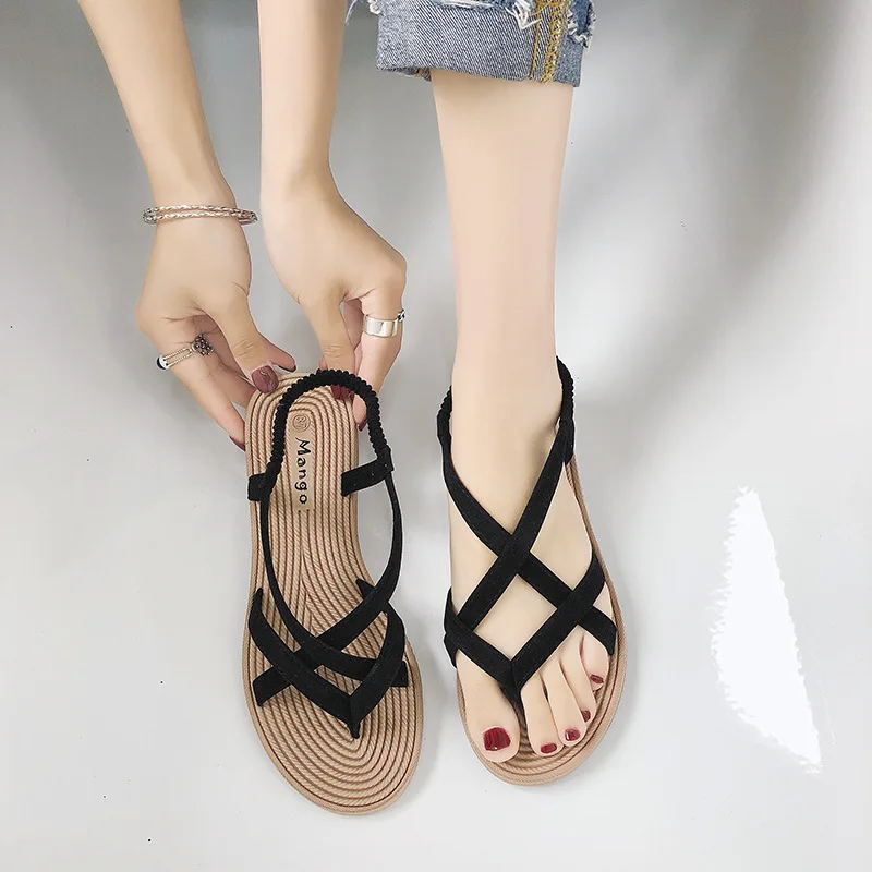 

Women Sandals Slip-on Elastic band 2019 New Summer Open Crossed tie Falt with Back Strap Casual Beach Outside Female Shoes