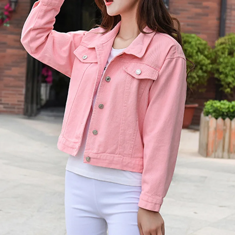 Pink Long Sleeve Short Jeans Women Jackets Denim Letter Print Turn Down Callor Woman's Coats 2019 Autumn Female Harajuku Outwear