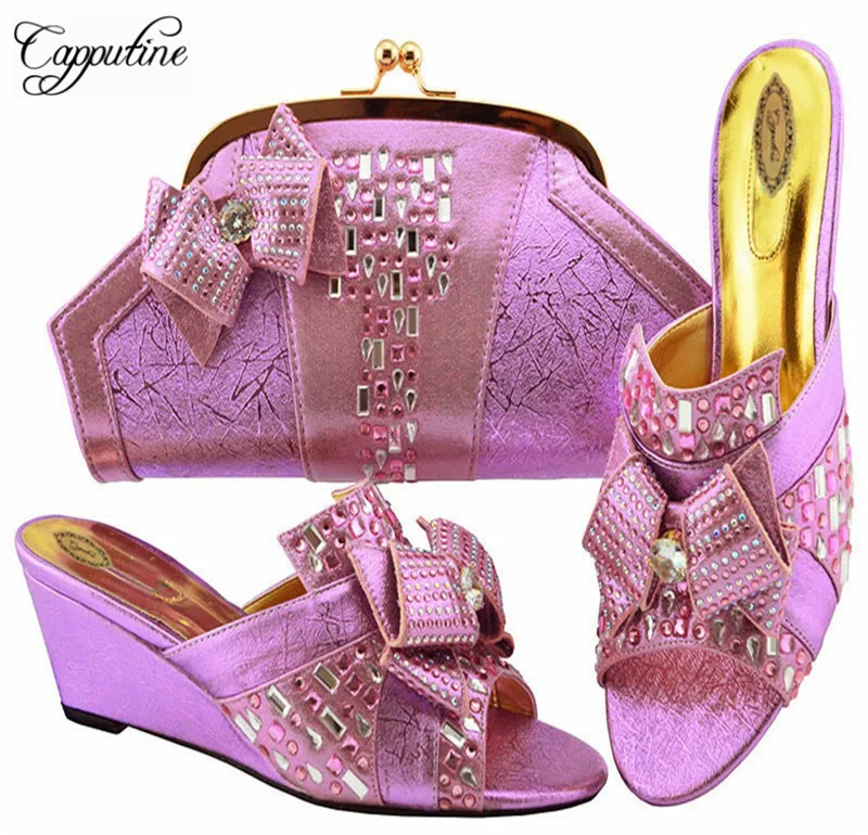 

African PU With Crystal Ladies Shoes And Bags Set Italian Style Pumps Shoes And Bags Set For Evening Party 7Colors Sotck M1072