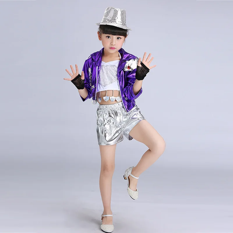 Kid Performance Hip Hop DS Party Show Dancing Clothing set Outfits Girls Sequined PU Ballroom Modern Jazz Dance wear Costumes (2)