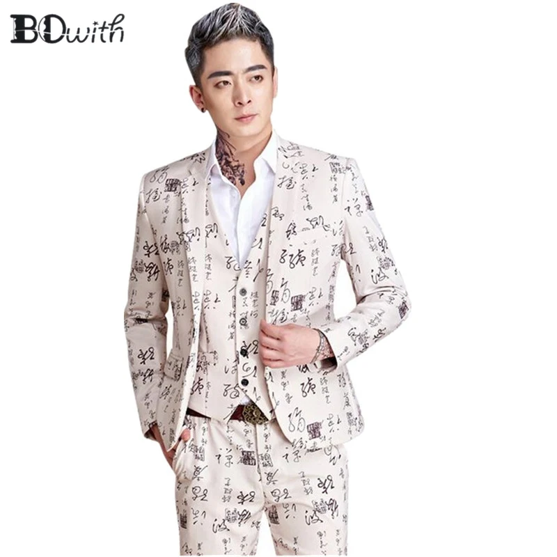 

2019 Newest Men Blazer 2 Pcs(Jacket+Pants) Chinese Character Printed Casual Notched Collar Men Suit for Party Holiday