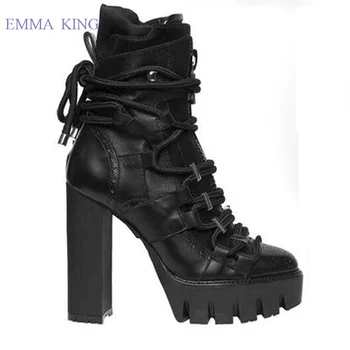 

Black Riding Boots Women Ankle Boots Cross-tied Square Heels Platform Shoes Autumn Winter Lace-up High Heels Women Shoes Outdoor