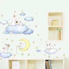 Pegatinas románticas para pared de Luna y las estrellas pegatinas de dibujos animados nubes blancas conejo pegatinas para niños decoración del hogar del dormitorio del bebé