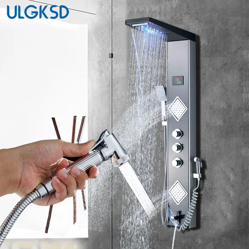 

ULGKSD Bathroom Shower Faucet Set LED Shower Head Hot and Cold Mixer Water Tap Wall Mounted Mixing Control Para Bathroom Faucets