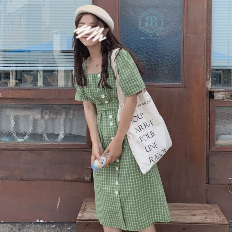 

Women Summer Cotton Long Plaid Shirt Dress A-line Square Collar Vestidos Robe Femme Sweet Sukienki Pink Sommerkleid Jurken