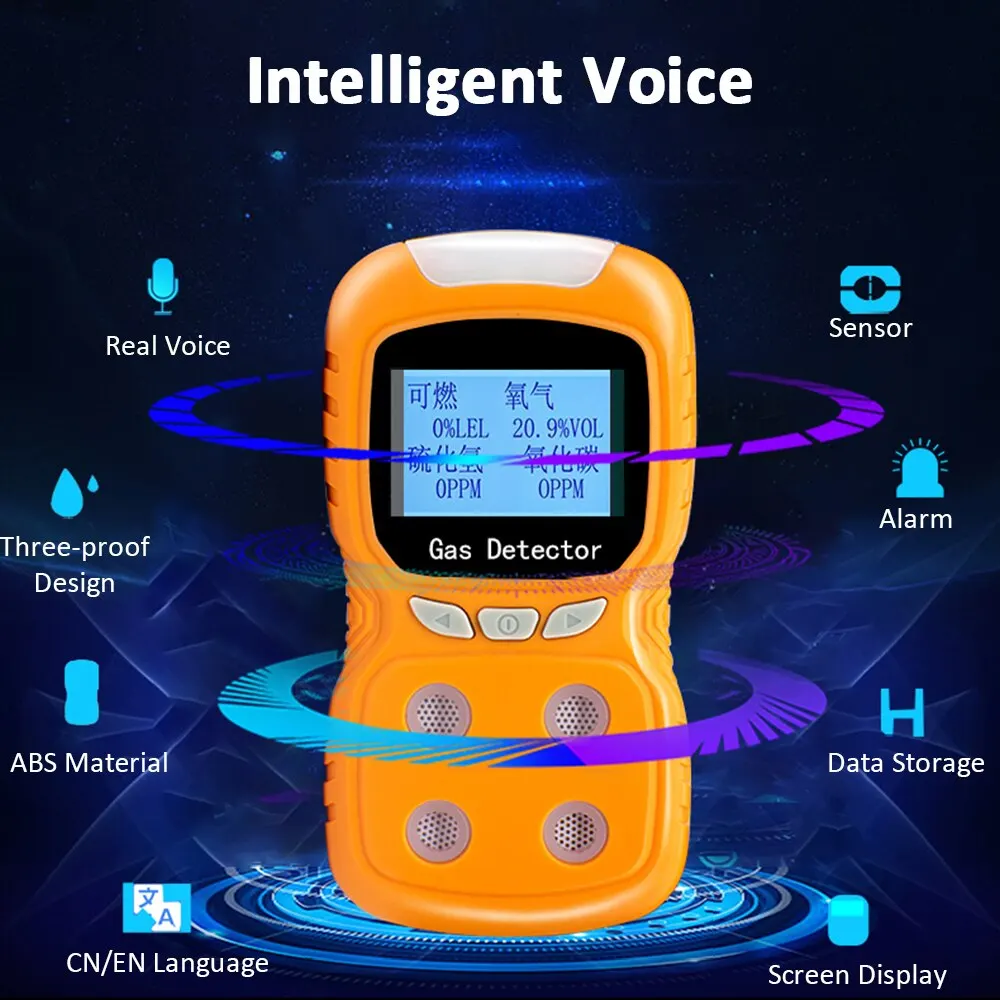 

EU Plug 4 In 1 Gas Detector CO H2S O2 LEL Analyzer Combustible Gas Leakage Sensor Monitor with Sound Light Vibration Alarm