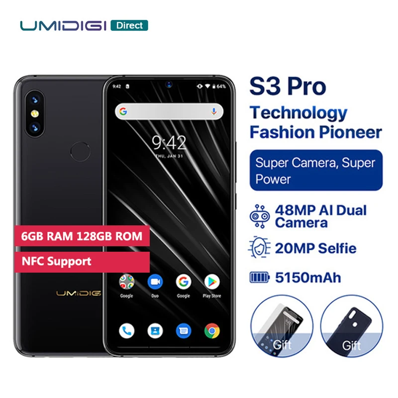 Смартфон UMIDIGI S3 PRO Android 9,0, 48 Мп+ 12 Мп+ 20 МП, 5150 мА/ч, 6 ГБ, 128 ГБ, 6,3 дюйма, FHD+ NFC, керамическая капля, глобальная версия, 4G