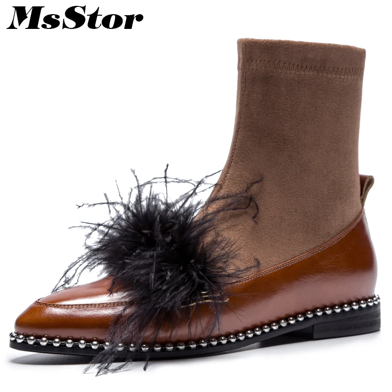

MsStor Pointed Toe Low Heel Women Boots Fashion Metal Decoration Fur Ankle Boots Women Shoes Genuine Leather Boots Shoes Woman