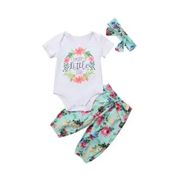 Мода новорожденных для маленьких девочек цветочный Новый комплект одежды короткий рукав боди с буквами Топы Длинные штаны повязка на