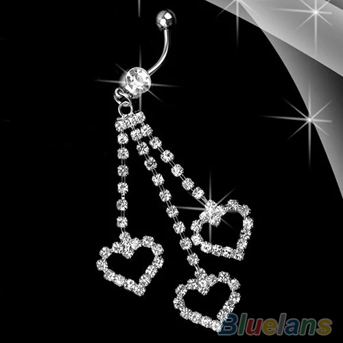 

1PC Heart Rhinestone Chain Dangle Barbell Belly Button Navel Ring Bar Piercing 0914