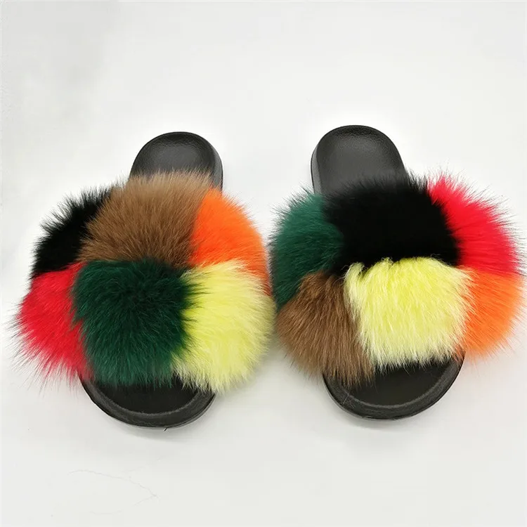 Women Fox Fur Slippers Real Fox Fur Slides Lovely Plush Slippers Woman Summer Home Sandals Women Fur Slides Furry Flip Flops Hot - Цвет: as pic shows 11