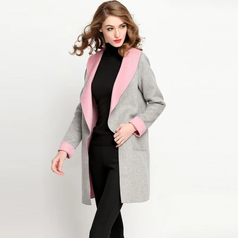 Gray Manteau Automne Chaud Du De Laine Nouvelle Europe Longue Cachemire D'hiver Des Haute amp; Veste Mode Et Dame Amérique Femmes Revers Duplex Qualité q87BrnPq