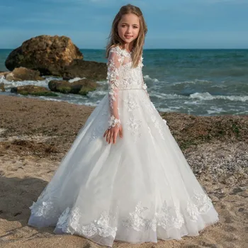 

Lace Embroidery White Tulle Kids Trailing Gowns Flower Girl Dress Kids Wedding Pageant Dress