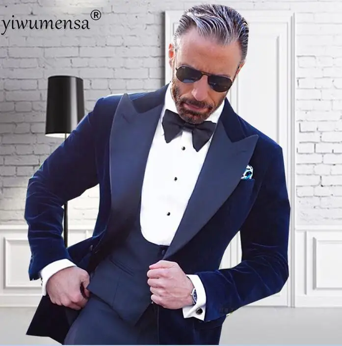 YWMS-29 костюм homme роскошные костюмы traje hombre bordado мужские свадебные платья костюм темно-синий бархатный пиджак+ жилет+ брюки костюмы мужские - Цвет: AS THE MODEL