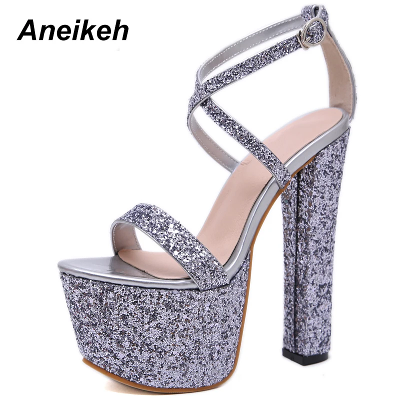 

Aneikeh 2019 NEW Bling Platform High Heels Sandals Summer Sexy Ankle Strap Open Toe Gladiator Party Dress Women Shoes Size 35-40