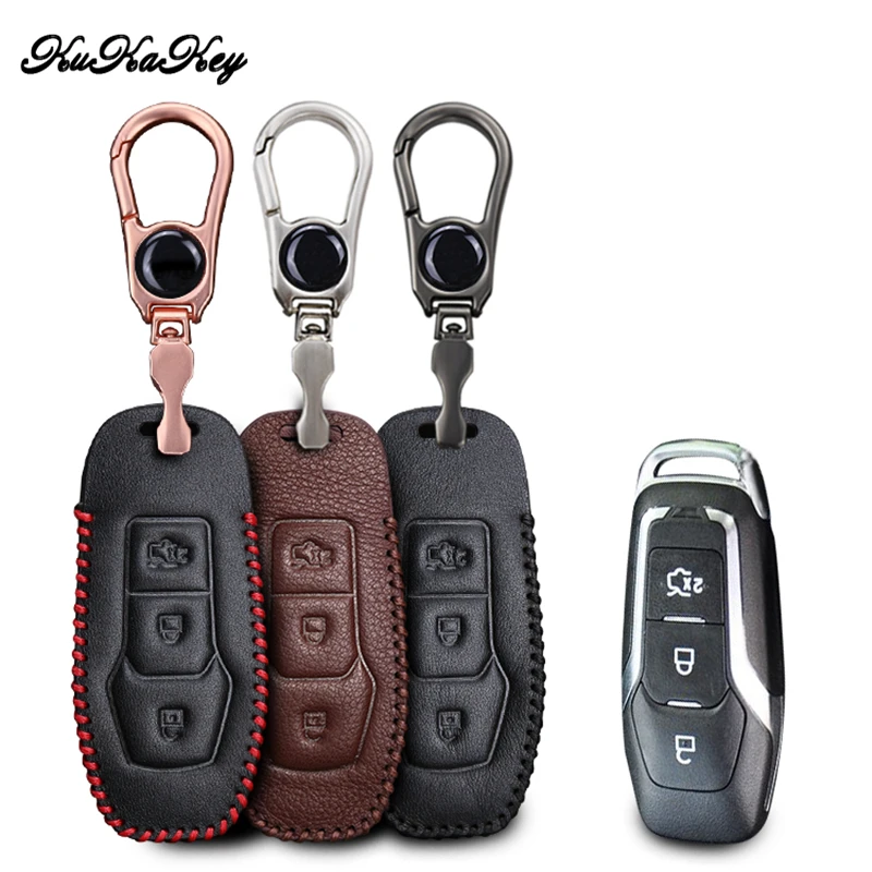 KUKAKEY Leather Remote Keyless Car Logo Keychain Key Case Cover For