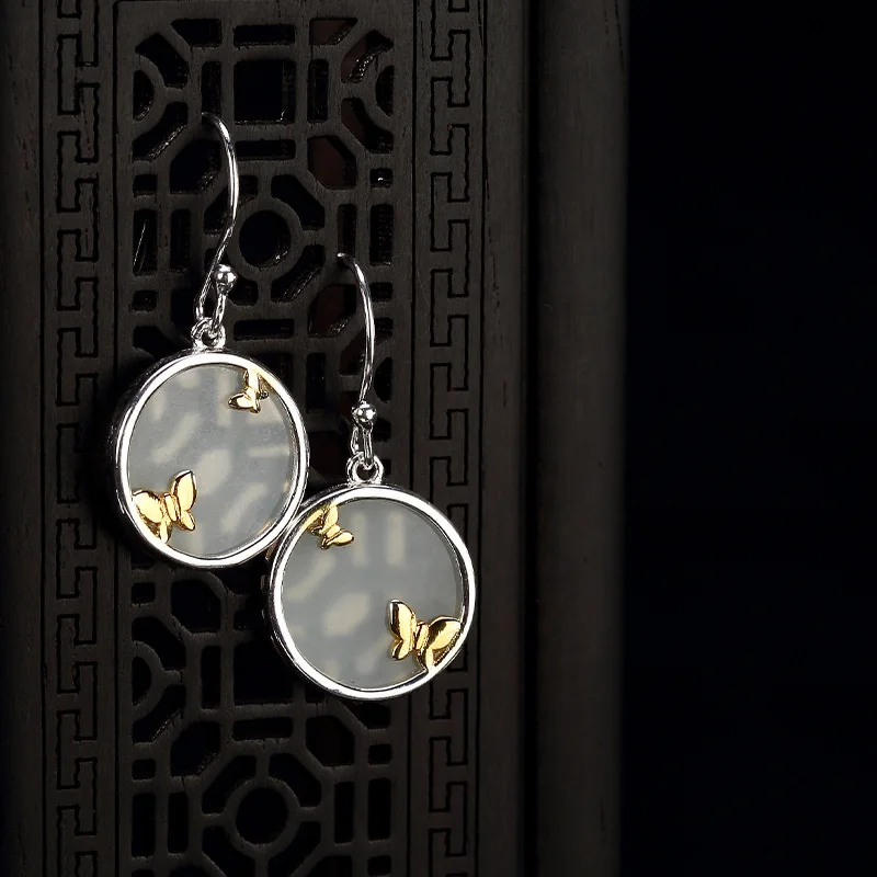 

INALIS Luxurious Unique Ear Hook 925 Sterling Silver Drop Earrings Round Jade Butterfly Dangle Brincos for Women Party Jewelry