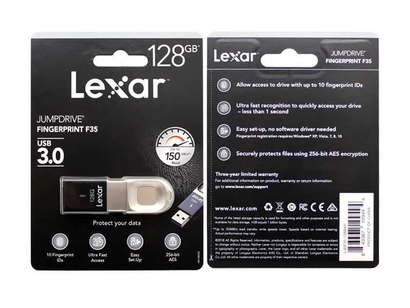 Lexar USB 3,0 флеш-накопитель F35 256 ГБ 128 Гб 64 Гб оперативной памяти, 32 Гб встроенной памяти, с распознаванием отпечатка пальца металлический флэш-накопитель USB 150 МБ/с. Pendrive