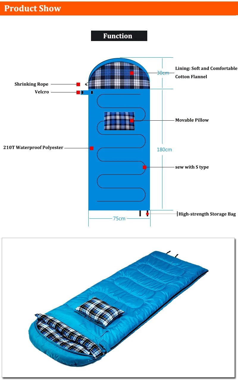 Двойной сшитый походный зимний спальный мешок из фланели для экстремальных холодов