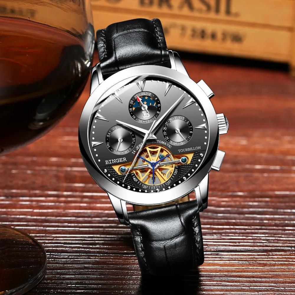 Модные мужские часы Tourbillon швейцарские автоматические BINGER механические с кожаным
