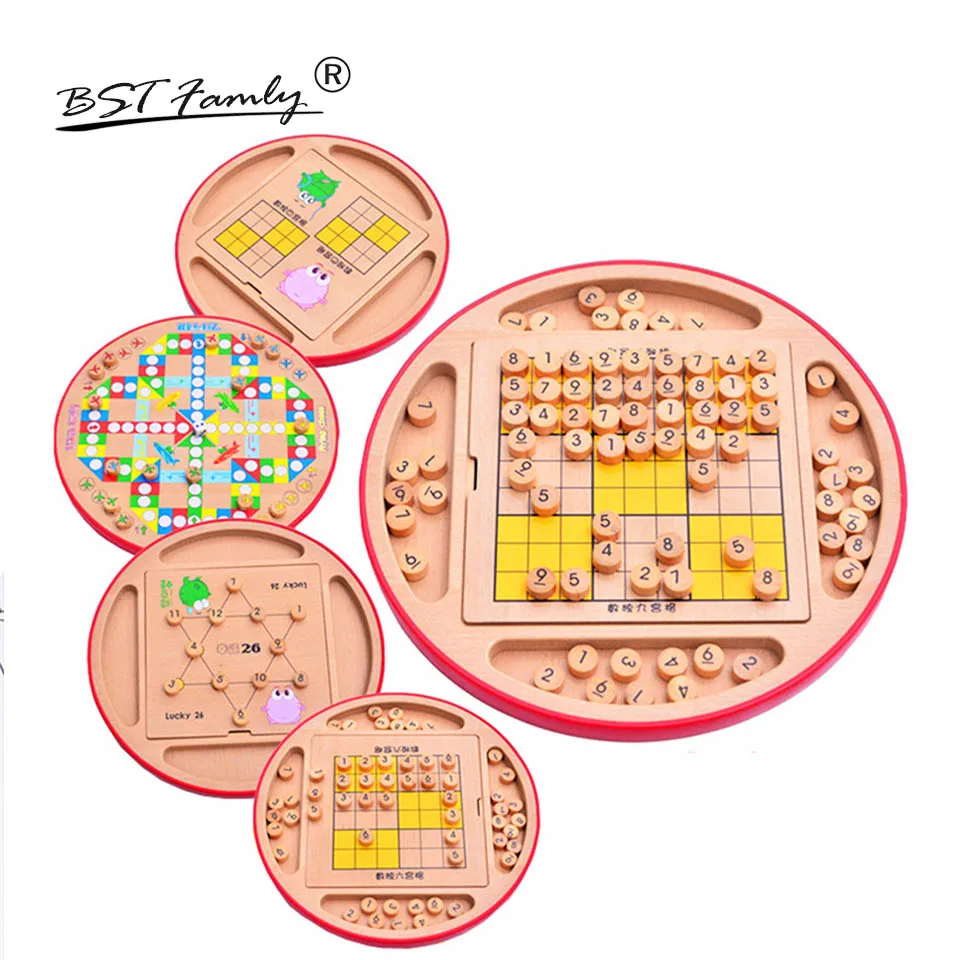 

Children Sudoku Chess Beech Wooden Five in One 28*28.5*4.5cm 100Pcs/Set Table Puzzle Game Kids Toy Interesting Gift BSTFAMLY S05