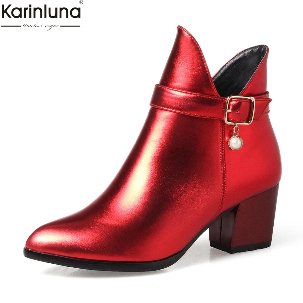 Beste Karinluna Grote Maat 33 43 Zip Up Vierkante Hakken Nieuwe Mode Enkellaars Vrouw Schoenen Zwart Rood Toevoegen Bont schoenen Vrouw Laarzen Vrouwelijke
