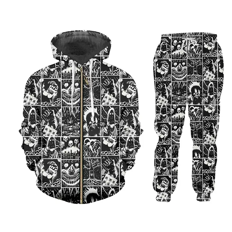 Ujwi 3d Pieno Stampato In Bianco E Nero Di Fumetti Horror Giacca Con Cappuccio Pantaloni Su Misura Da Uomo Di Strada Vestito Di Inverno Grande Formato Di Abbigliamento Di Moda Completi Da Uomo