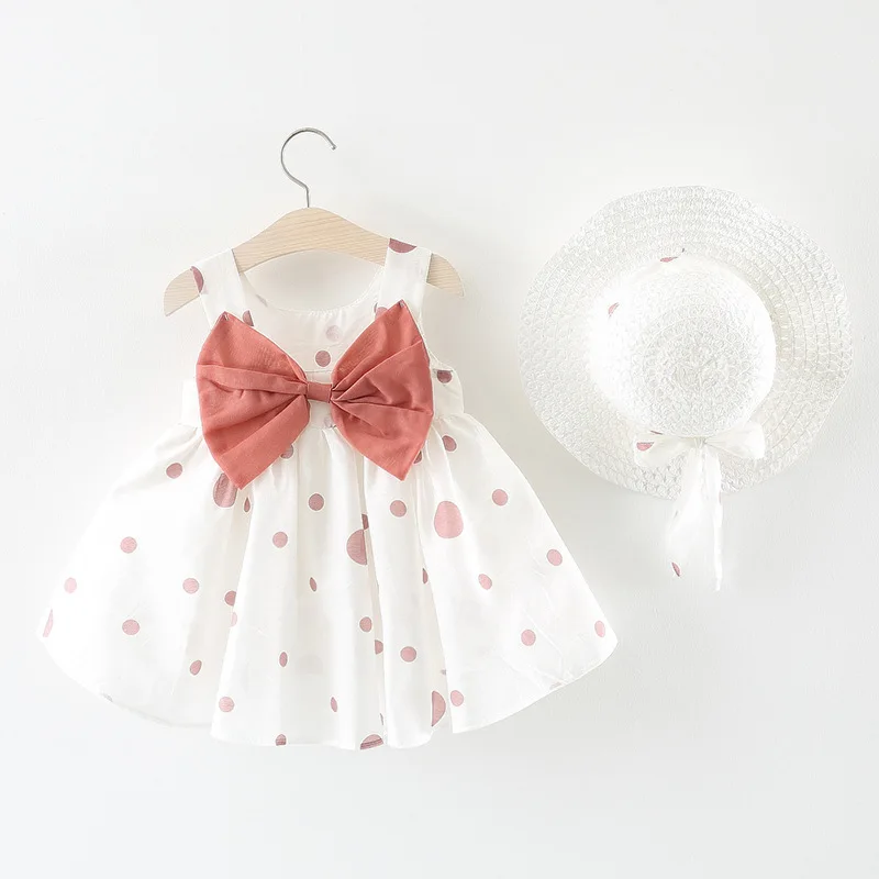Платье для маленьких девочек г. Новая летняя детская одежда платье для девочек платье принцессы в горошек с соломенной шляпой и бантом для маленьких девочек - Цвет: F22-Pink