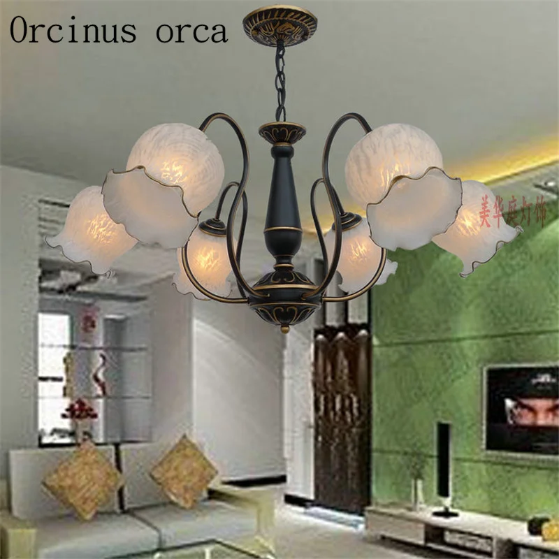 

European simple Iron Chandelier living room restaurant bedroom American style retro village glass Chandelier free shipping