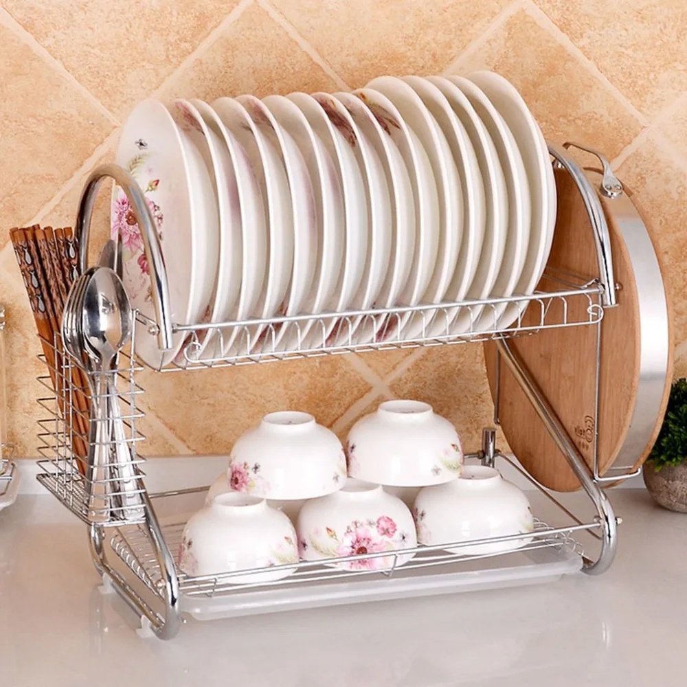 Double Layers Design Home Kitchen Stainless Steel Cutlery Dish Rack
