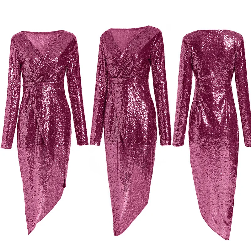 Kopen BacklakeGirls 2020 Sexy V hals Lovertjes Cocktail Jurken Lange Mouwen Split Joint Knie Lengte Vrouwen Jurk Voor Cocktail Party