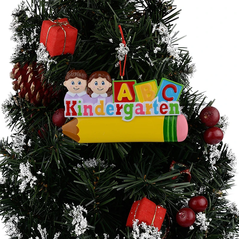 Smile kindergarten children polyresin glossy personalized Christmas tree ornament with yellow pencil and a b c alphabet