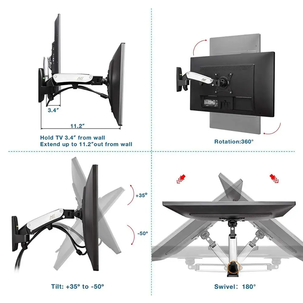NB F120 ТВ монитор Настенный кронштейн 17-2" газовая пружина полный движения шарнирный Поворотный ЖК-монитор держатель алюминиевый кронштейн