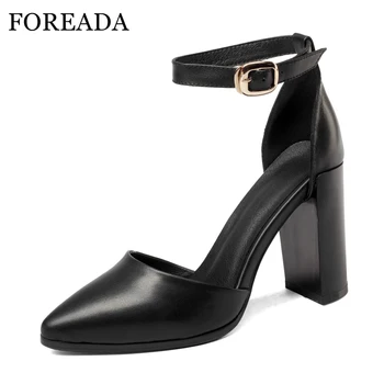

FOREADA Genuine Leather Shoes Women Pumps Ankle Strap High Heel Shoes Pointed Toe Two Piece Ladies Dress Pumps Black Size 34-39