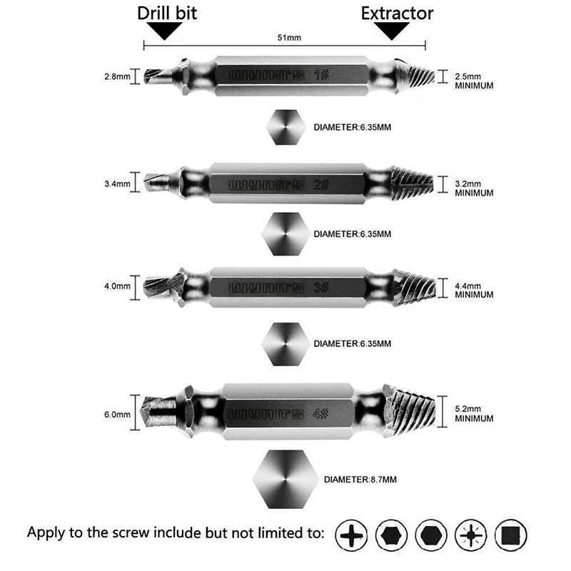 4pcs  Screw Extractor Drill Bits  Speed Out Easy out Bolt Stud Stripped Screw Remover Tool High Speed Steel S2 Alloy Bit